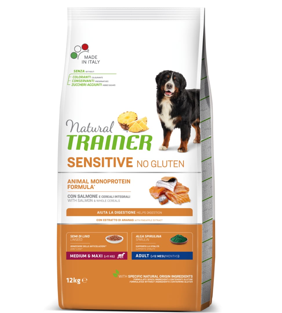 Natural Trainer Sensitive No Gluten Medium & Maxi Adult con Salmone 12Kg Natural Trainer Sensitive No Gluten Medium & Maxi Adult con Salmone 12Kg